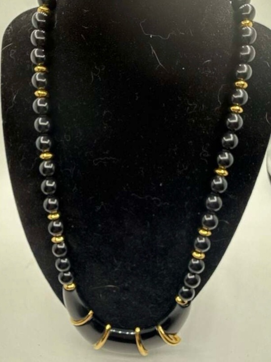 Napier Jewelry - Vintage Napier Black Lucite and Gold-Tone Beaded Necklace